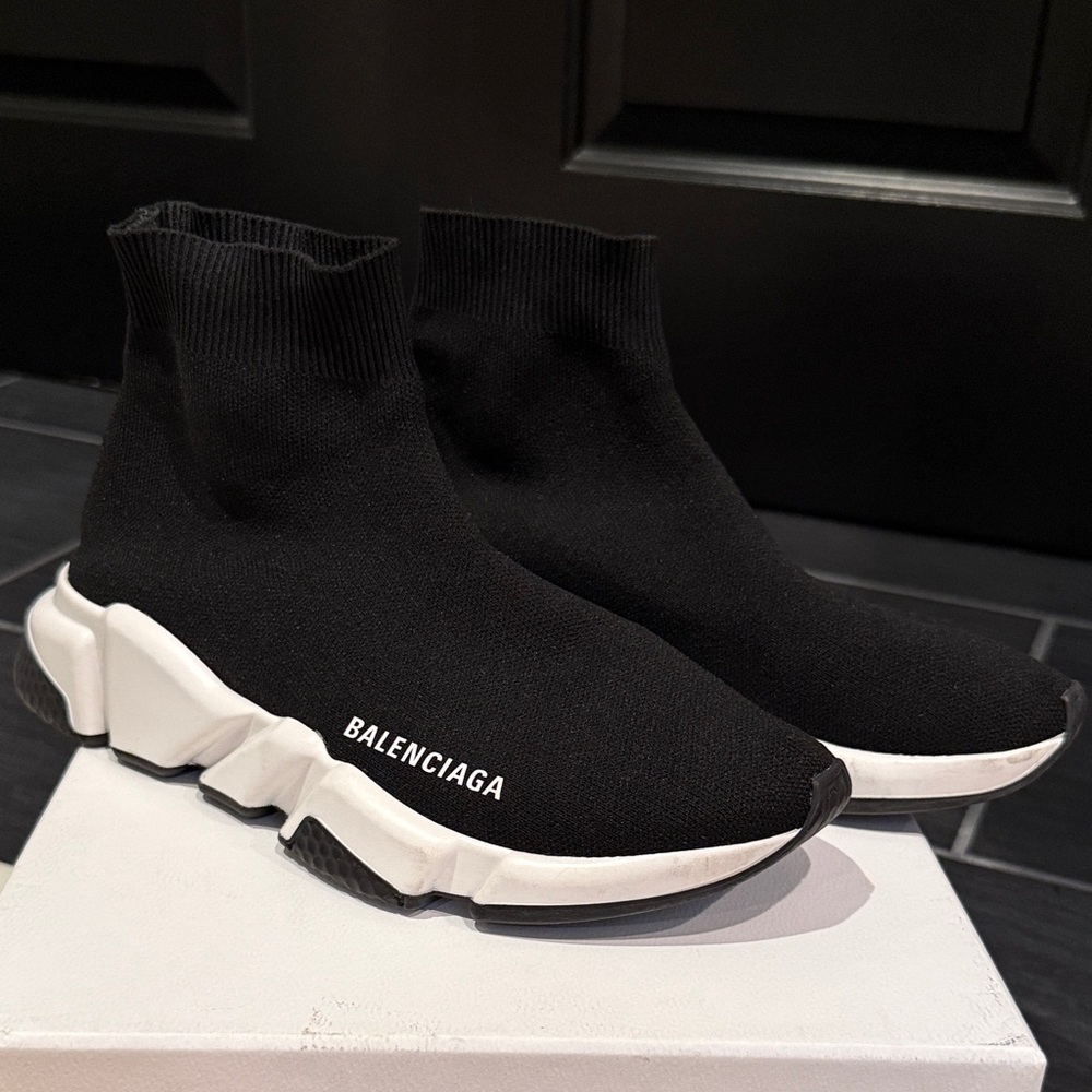 Balenciaga Black Knit Sneakers with White Sole
